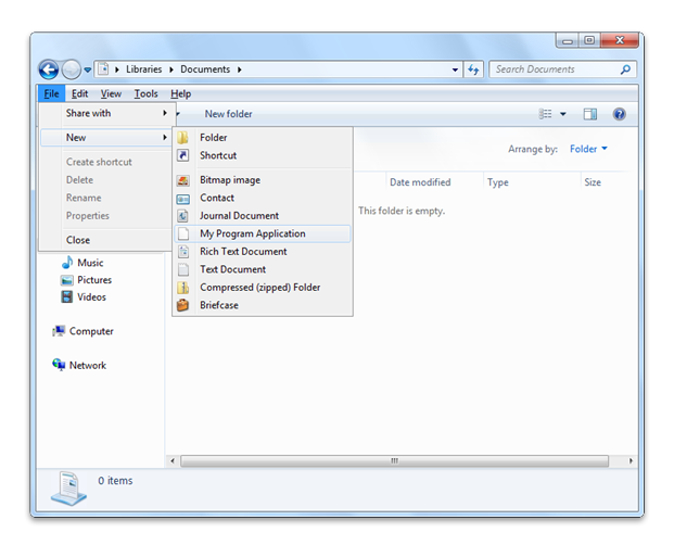 Windows 资源管理器的屏幕截图，其中显示了“新建”子菜单上的新“myprogram 应用程序”命令