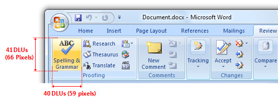 屏幕截图显示了一个Microsoft Word工具栏，突出显示了"A B C 拼写&语法"按钮，其 DLU 高度为 41，DLU 宽度为 40。