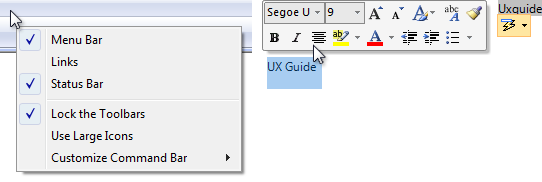 屏幕截图显示了 Microsoft Office 并行的上下文菜单和小工具栏的示例。