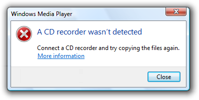 消息屏幕截图：未检测到 cd 刻录机 
