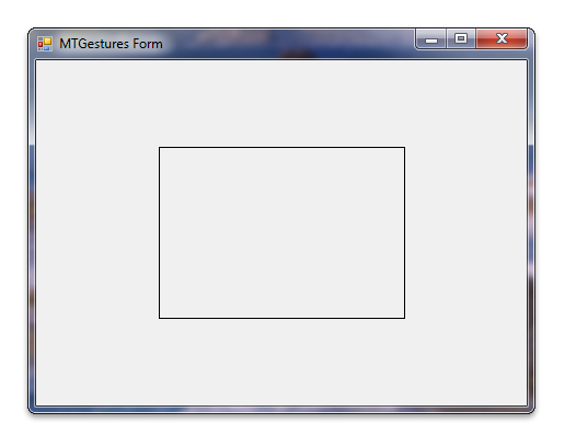 屏幕截图显示运行时以 c 尖锐的样本显示 Windows 触摸手势，屏幕上居中显示一个黑色轮廓白色矩形