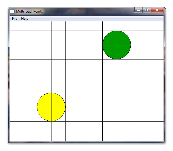 screen shot showing an application that renders touch points as circles with lines through the centers and intersecting the edges of the touch points