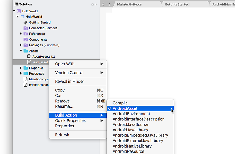 Setting the build action to AndroidAsset