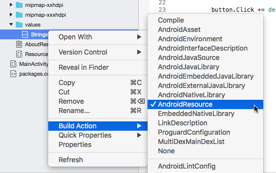 Strings.xml设置为 AndroidResource 的生成操作