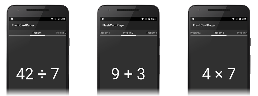 Screenshots of FlashCardPager with the problem number displayed above each page