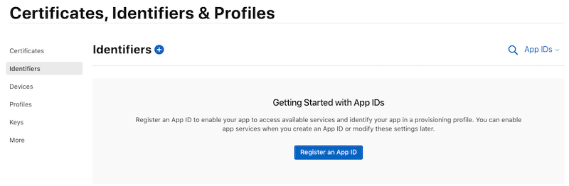 Screenshot shows Getting Started with App I Ds in Certificates, Identifiers and Profiles.