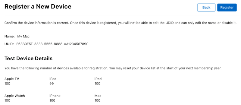 Screenshot shows the Register a New Device page where you can confirm the name and U U I D.