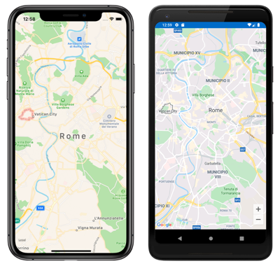 iOS 和 Android 上的地图控件的屏幕截图