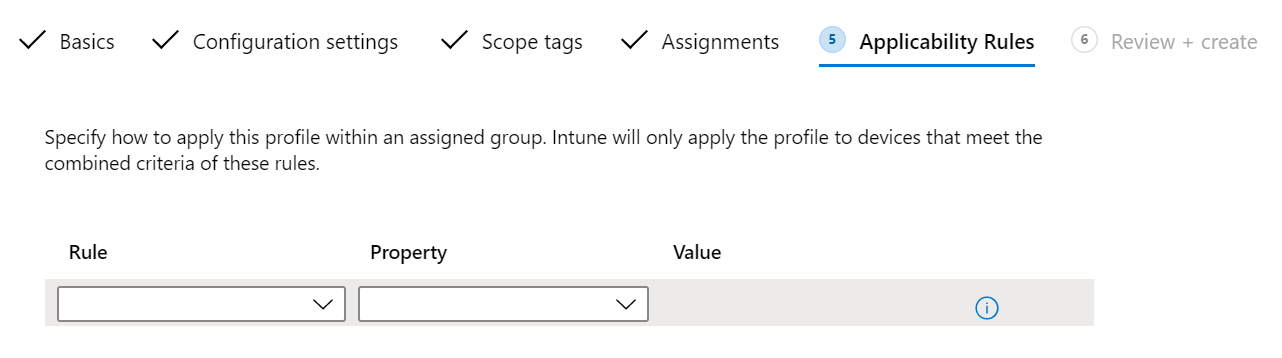 顯示如何在 Microsoft Intune 中將適用性規則新增至 Windows 10 裝置組態配置檔的螢幕快照。