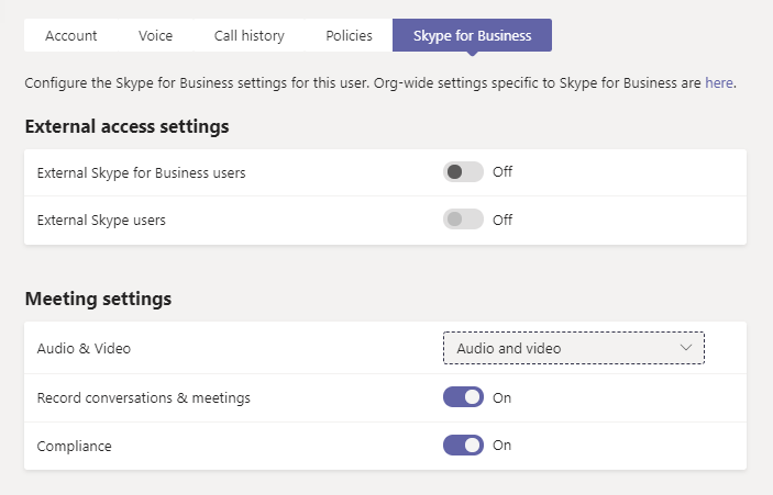 使用者詳細數據頁面上 商務用 Skype 索引標籤的螢幕快照。