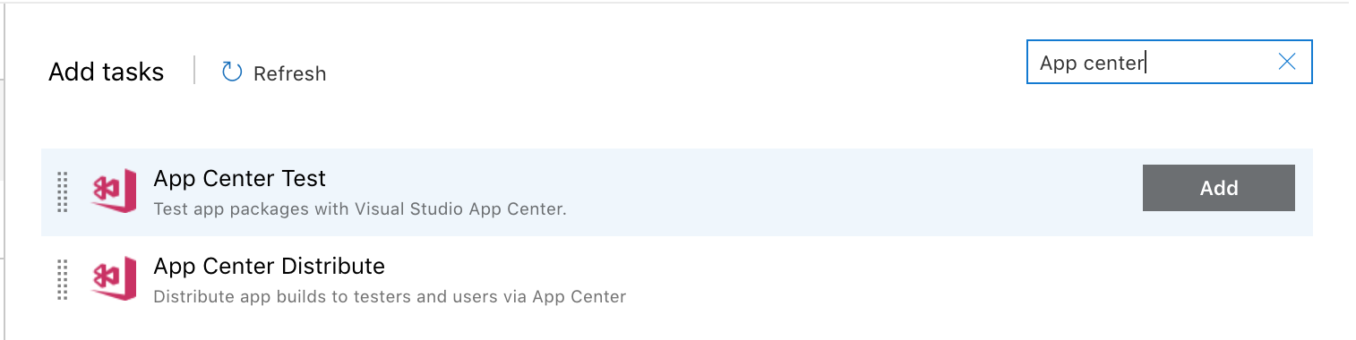 App Center 測試的 Azure Pipelines 搜尋畫面