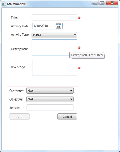 Figure 4 A Dialog Showing ToolTips and Invalid Data