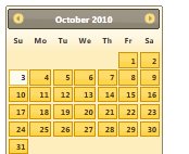 此螢幕擷取畫面顯示 [2010 年 10 月] 行事曆在 [天氣] 主題中。