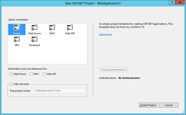 ASP.Net 專案 - WebApplication1 功能表的螢幕擷取畫面，描述如何開始視窗窗格以建立 'Hello World' 專案。顯示具有不同範本的視窗，可從 中選取，以及新增核心參考和單元測試的選項。