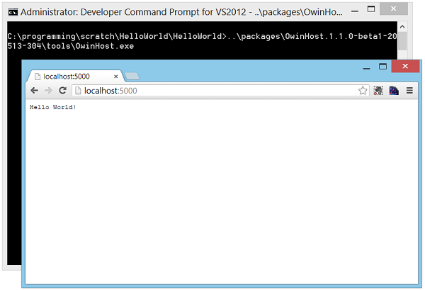 開發人員命令 Promt 和瀏覽器視窗的螢幕擷取畫面，其中顯示命令列上輸入的命令比較，以及網頁瀏覽器上 'Hello World' 專案的外觀。