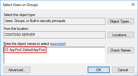 選取應用程式資料夾的使用者或群組對話方塊：選取 [檢查名稱] 之前，「DefaultAppPool」 的應用程式集區名稱會附加至物件名稱區域中的 「IIS AppPool」。