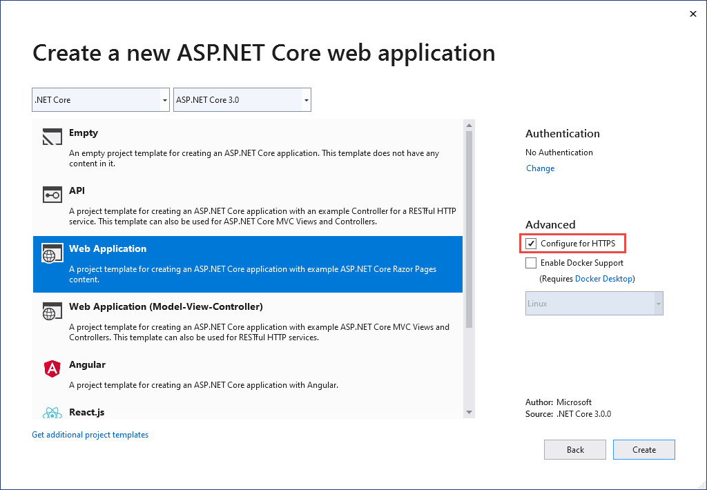[新增 ASP.NET Core Web 應用程式] 對話方塊，其中顯示未選取 [設定 HTTPS] 核取方塊。
