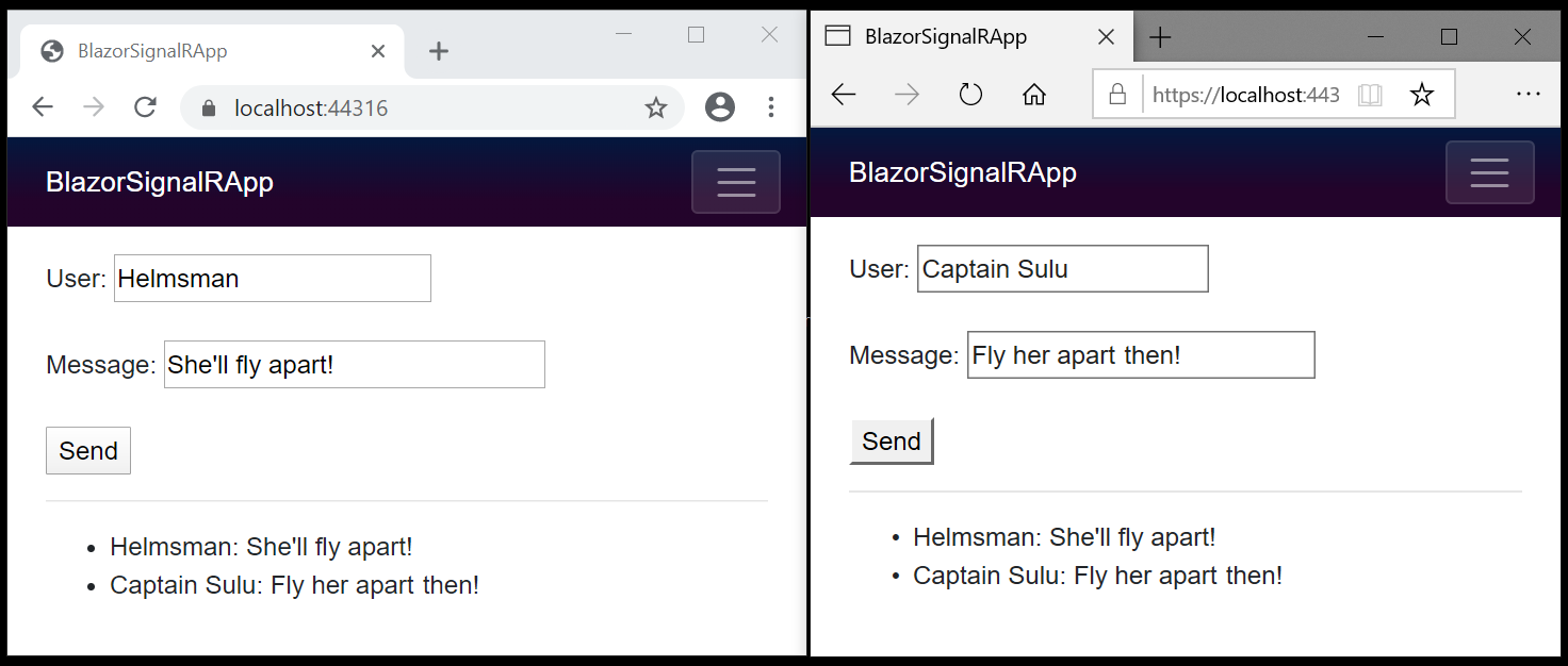 SignalRBlazor 範例應用程式會在兩個瀏覽器視窗中開啟，其中顯示交換的訊息。
