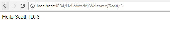顯示瀏覽器視窗的螢幕快照，其中具有U R L 本機主機冒號1 2 3 4正斜線 Hello World 正斜線歡迎斜線 Scott 正斜線 3。視窗中的文字為 Hello Scott ID 3。