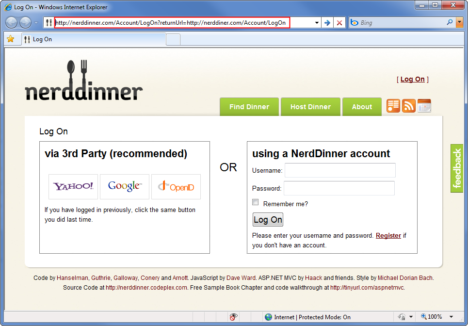 顯示 Nerd Dinner dot com 首頁的螢幕擷取畫面。標題列會反白顯示，並填入指向 Nerd Diner 點 com 的 U R L。