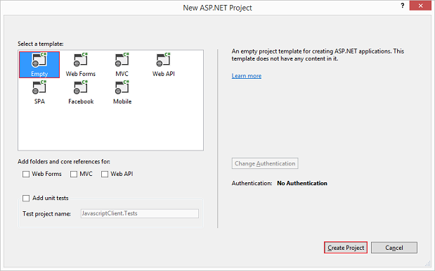 [新增 A S P 點 NET 專案] 畫面的螢幕擷取畫面，其中已選取 [空白] 範本，並醒目提示 [建立專案] 選項。