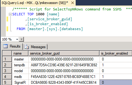 Service Broker 中顯示的 S Q L 查詢 1 點 S Q L 索引標籤螢幕擷取畫面，其中顯示 [結果] 和 [訊息] 索引標籤。