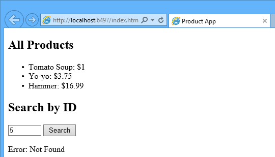 瀏覽器的螢幕擷取畫面，列出所有產品及其價格，並在 [依 I D 搜尋] 欄位底下顯示「找不到」錯誤訊息。