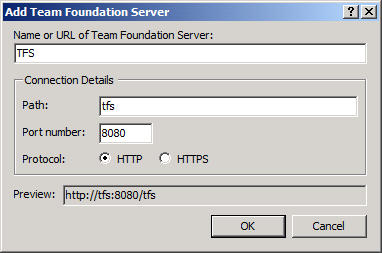 在 [新增 Team Foundation Server] 對話方塊中，提供 TFS 實例的詳細資料，然後按一下 [確定]。