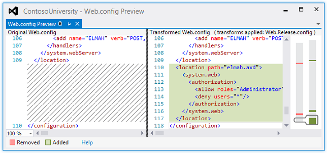 此螢幕擷取畫面顯示左側具有原始Web.config檔案的 Web.config Preview，以及已轉換Web.config檔案在右側的外觀，並醒目提示變更。
