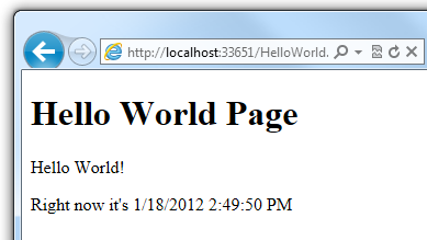 在瀏覽器中執行的 [Hello World] 頁面，並顯示動態產生的時間