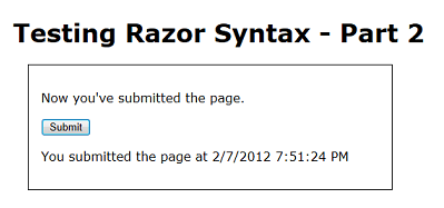 在網頁瀏覽器中執行的 Test Razor 2 頁面螢幕快照，其中顯示頁面提交後顯示的時間戳訊息。