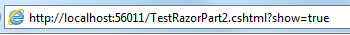 網頁瀏覽器中 [測試 Razor 2] 頁面的螢幕快照，其中顯示 U R L 方塊中的查詢字串。
