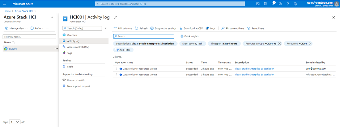 Activity log screen for Azure Stack HCI resource on Azure portal
