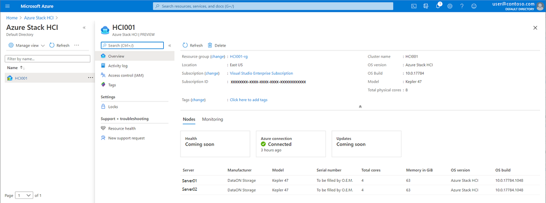 Overview summary page for Azure Stack HCI resource on Azure portal