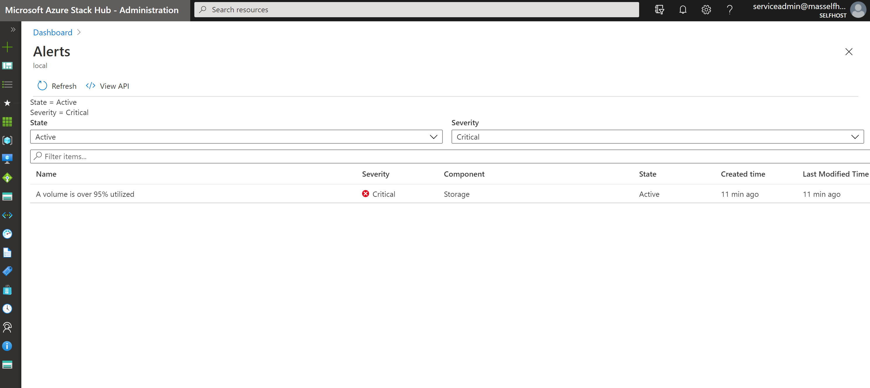 Example: Screenshot of critical alert in the Azure Stack Hub administrator portal