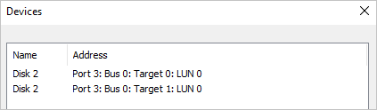[裝置] 對話框會顯示兩行列出的磁碟 2。目標在第一行為 0，第二行為 1。