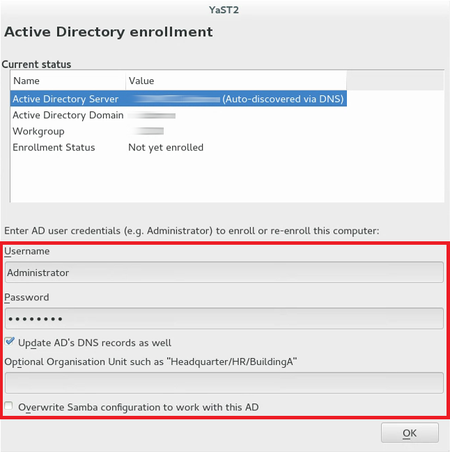 Example screenshot of the Active Directory enrollment window in YaST