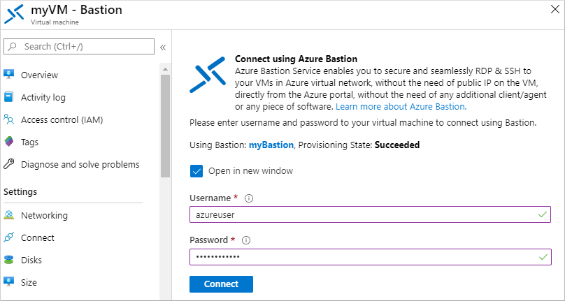Connect through the Bastion host in the Azure portal