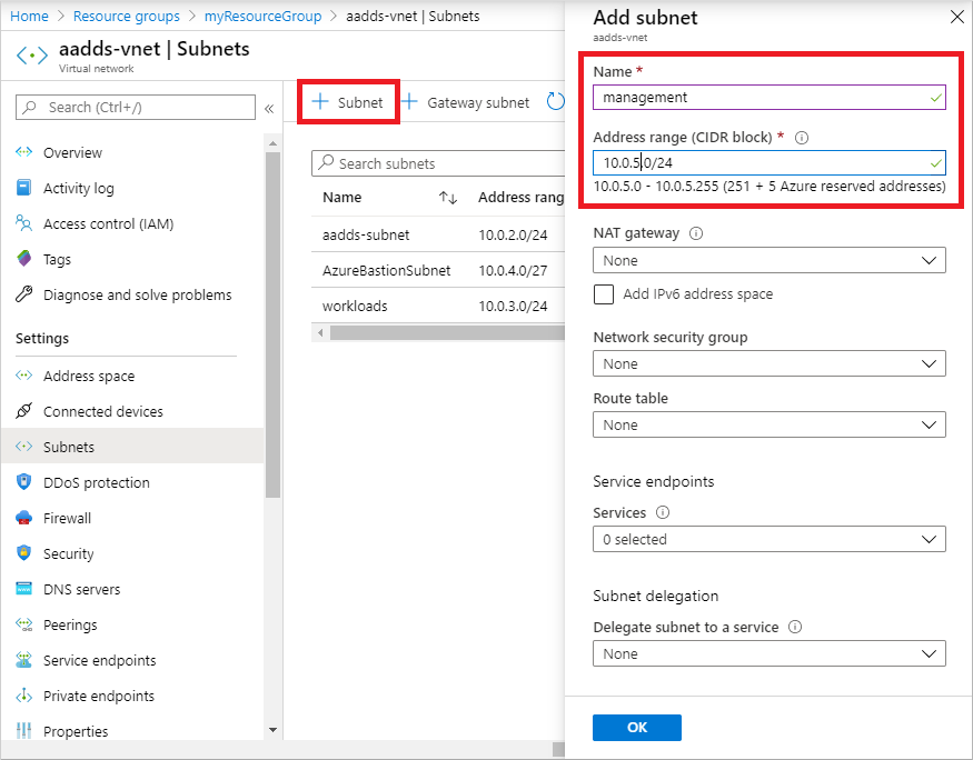 Create a subnet configuration in the Azure portal