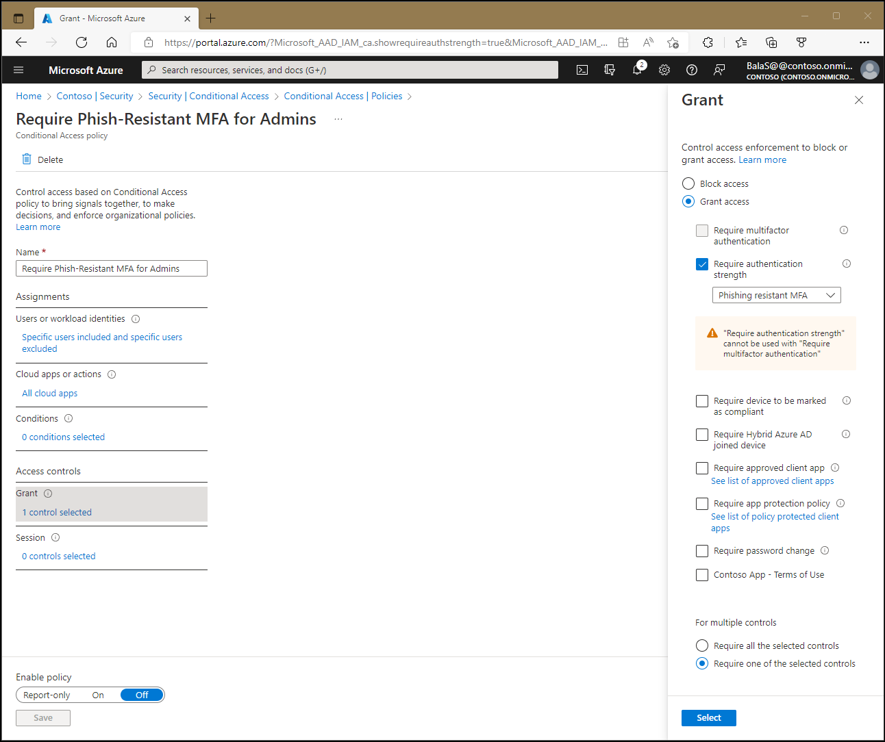 Conditional Access policy with a grant control requiring multi-factor authentication