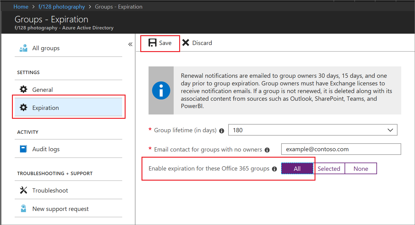 Screenshot of the Expiration settings page for group.