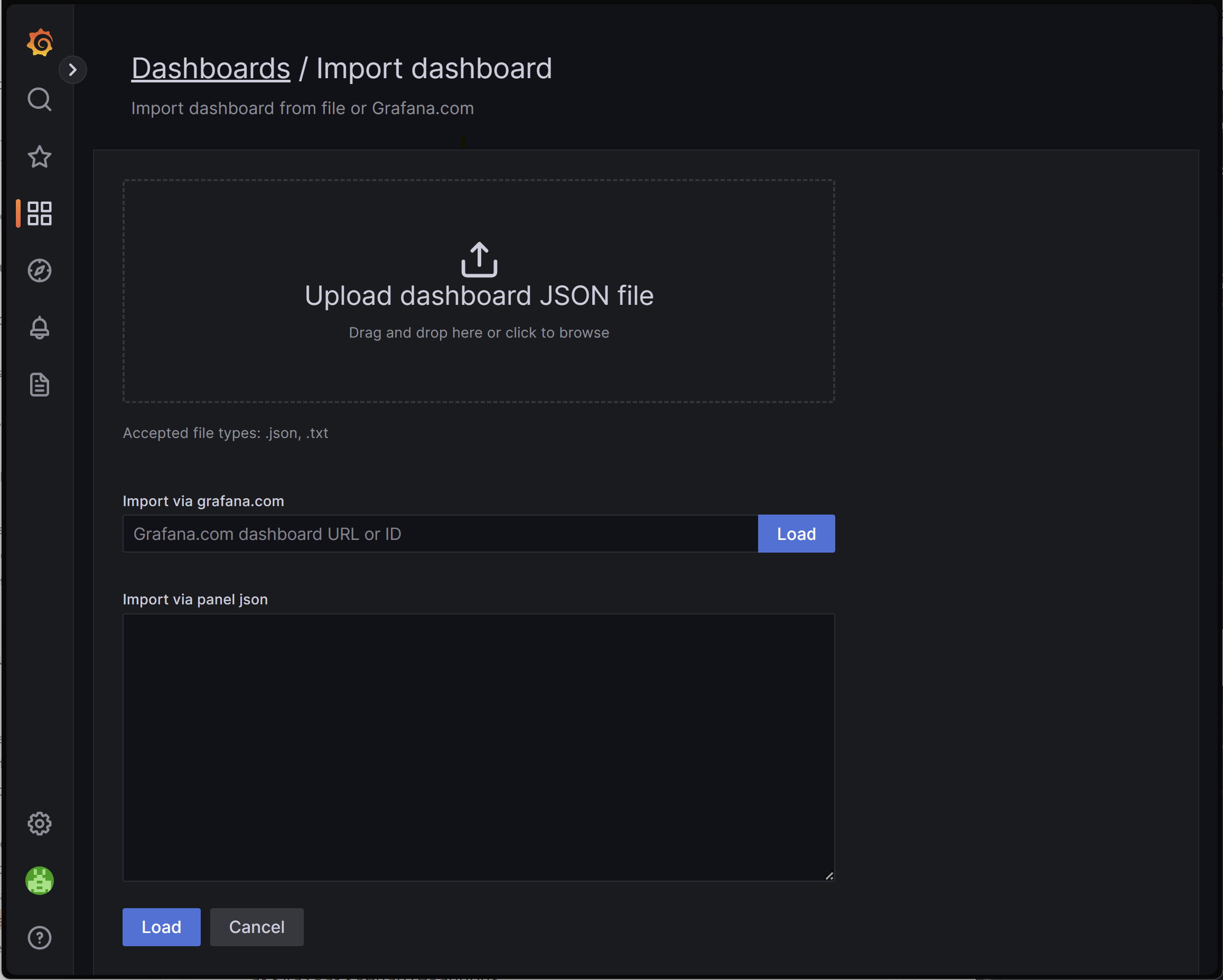 Screenshot of a browser showing the Grafana instance import dashboard dialog.