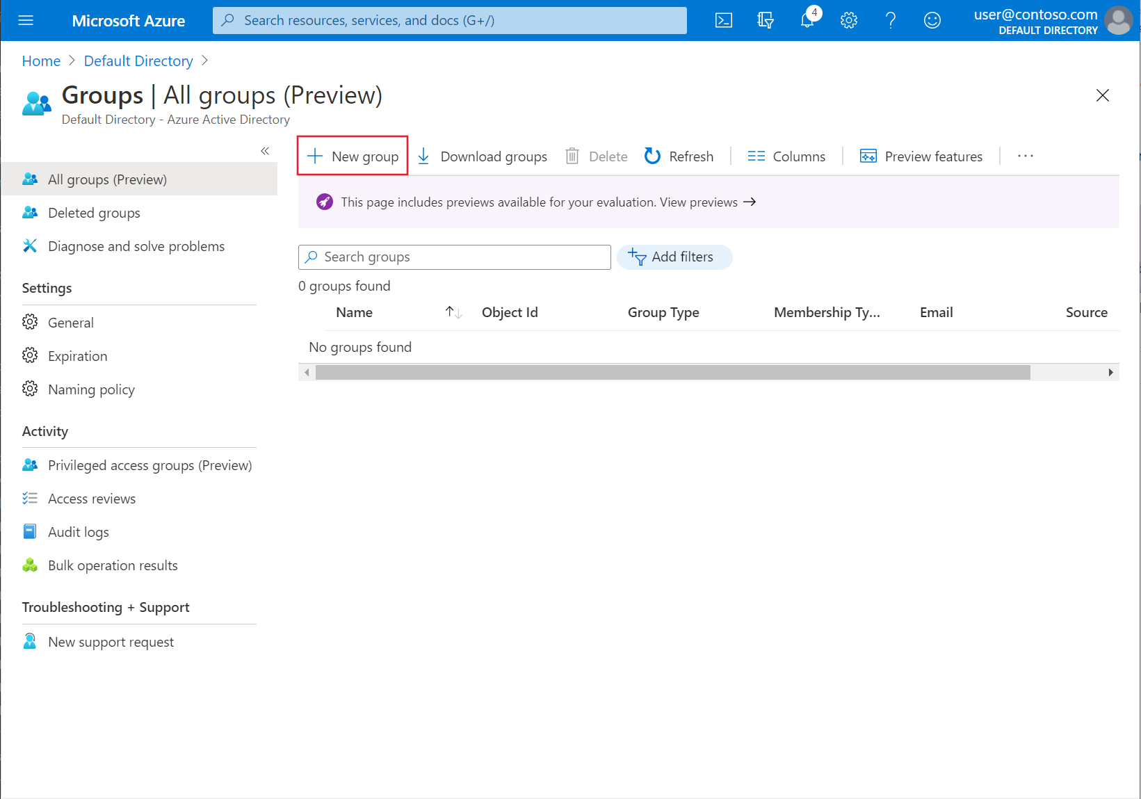 Shows the Azure portal Active Directory groups screen with the 'New Group' option highlighted.