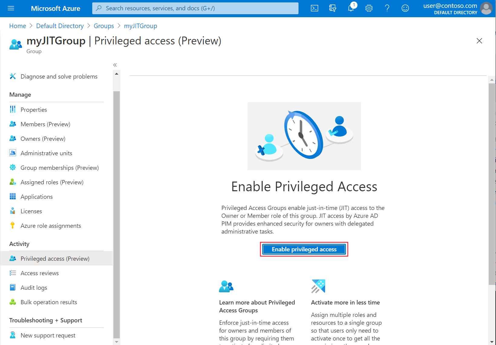The Azure portal's Privileged access (Preview) page is shown, with 'Enable privileged access' highlighted