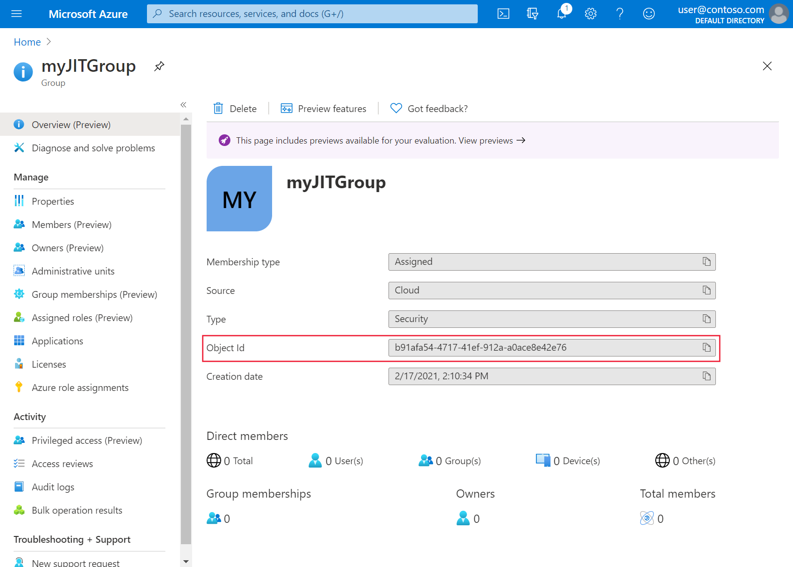 Shows the Azure portal screen for the just-created group, highlighting the Object Id