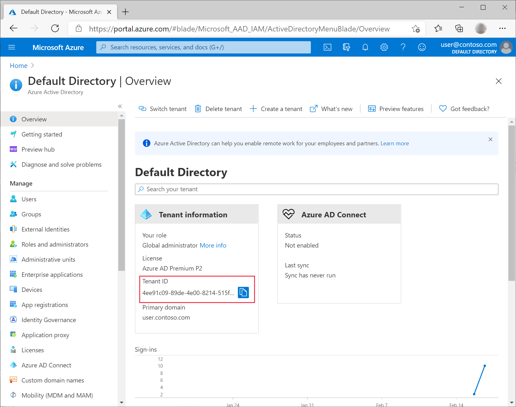In a web browser, the Azure portal screen for Azure Active Directory is shown with the tenant's ID highlighted.