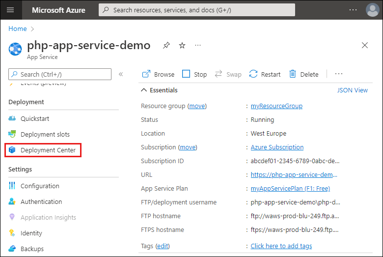 Screenshot of the App Service in the Azure Portal. The Deployment Center option in the Deployment section of the left navigation is highlighted.