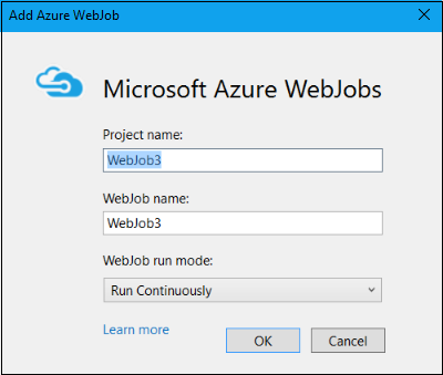 新增 Azure WebJob 對話方塊