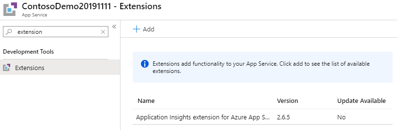 Screenshot that shows App Service Extensions showing the Application Insights extension for Azure App Service installed.