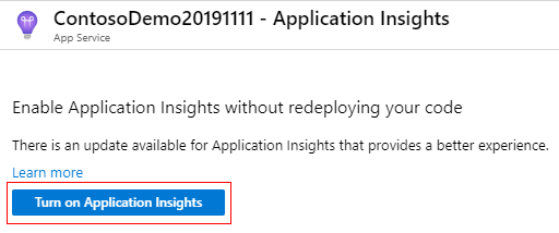 Screenshot that shows the Turn on Application Insights button.